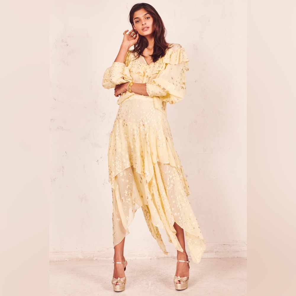 NWT LoveShackFancy Harleigh Metallic Silk Top Sunflower Yellow Romantic Regency - Picture 7 of 13